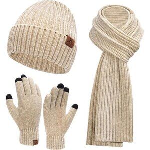 Women's Winter Knit Beanie, Scarf & Touchscreen Gloves Set- Unisex Warmth, Beige